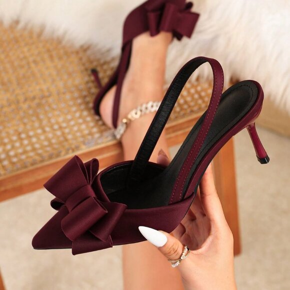 Burgundy Preppy Women's Pointed Toe Low Vamp High Heel Shoes - Picture 1 of 6